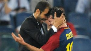 Pep Guardiola e Lionel Messi, duas lendas do FC Barcelona.